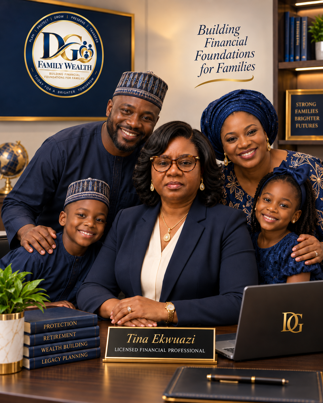 Tina Ekwuazi surrounded by a family in her office