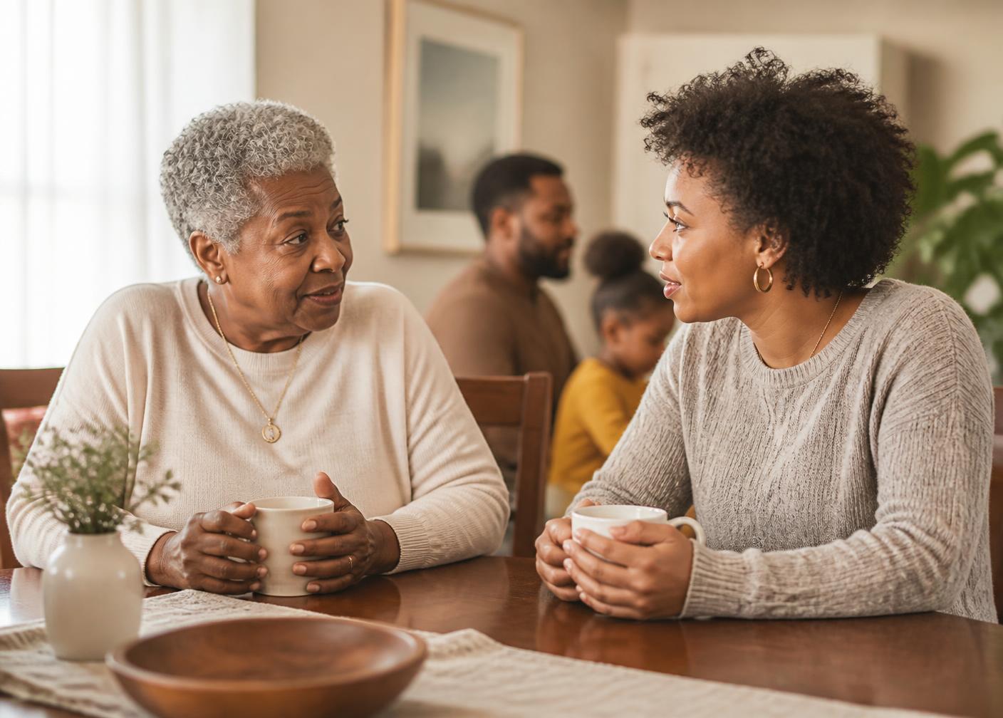 Two family members talking over coffee at home